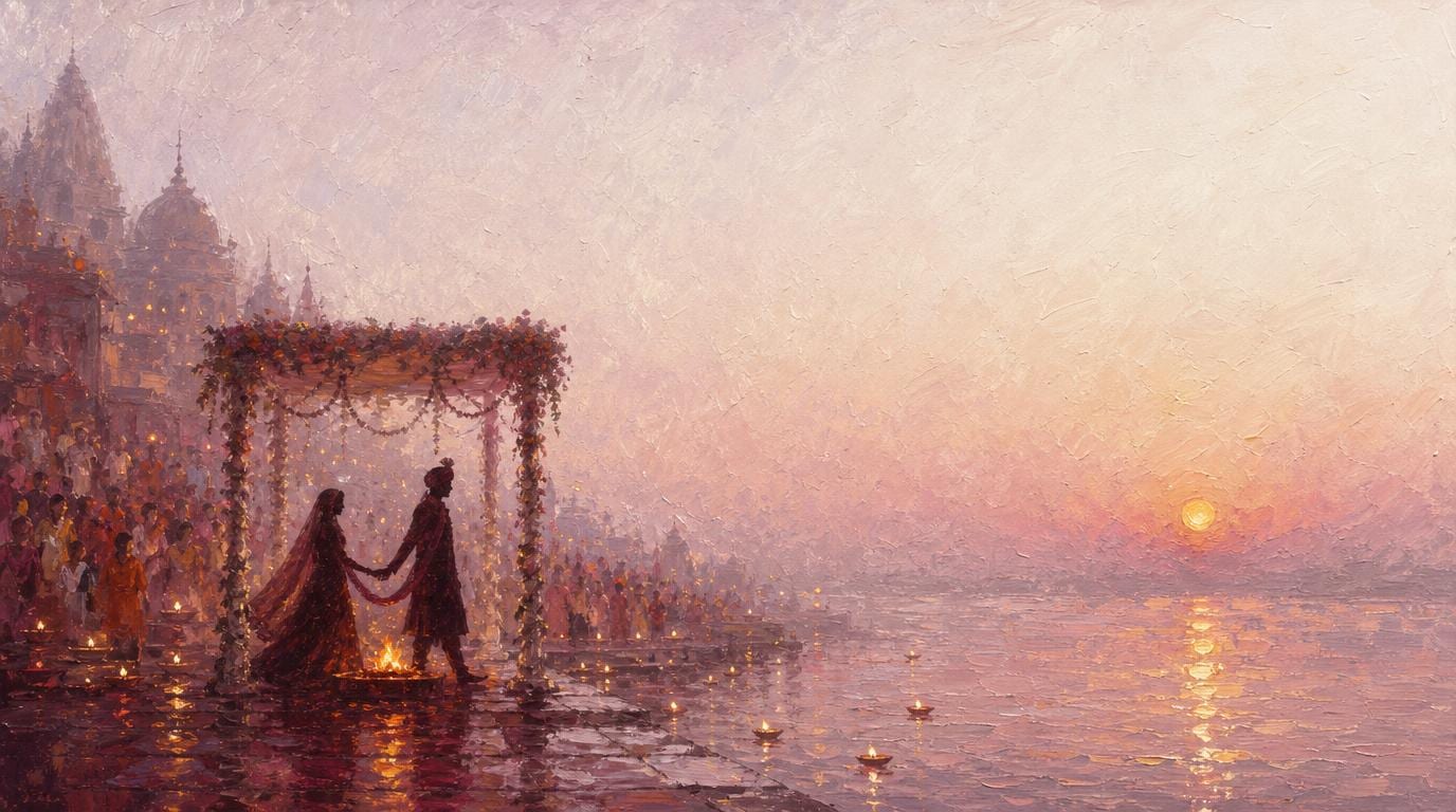 Impressionist painting of a couple at the mandap by the ghats at sunrise, surrounded by wedding guests