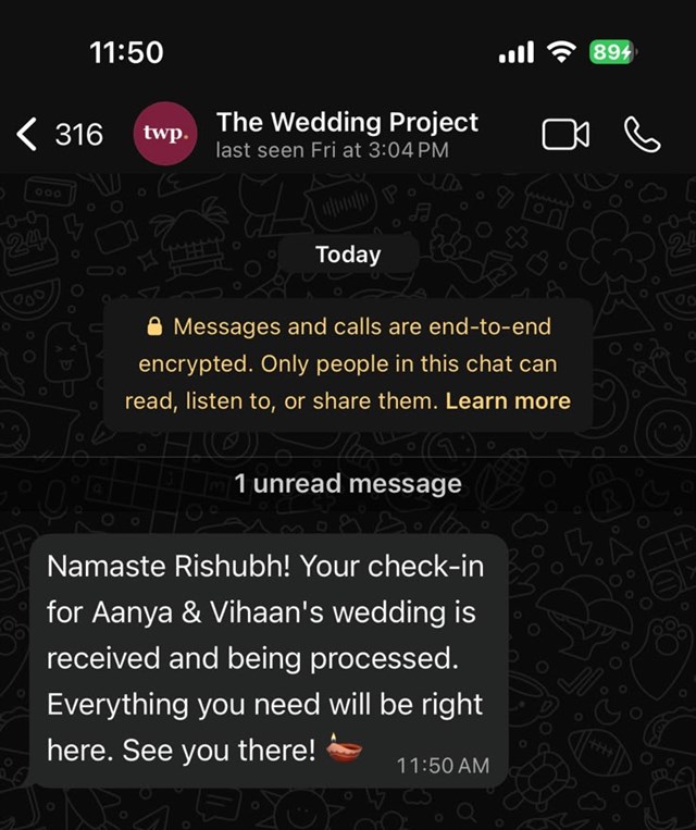 WhatsApp message from The Wedding Project confirming a guest's check-in for a wedding